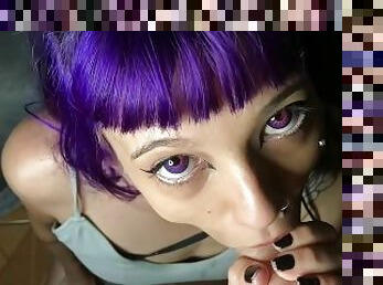 Pov blowjob alternative girl with purple lenses, beautiful purple hair, doing anal gape