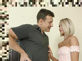 Cute blonde sucks dad's cock and fucks