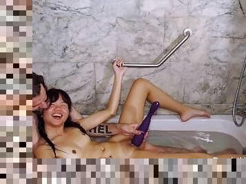 Bathtime fun with Baebi Hel - 18yo Asian teen moans loud when older white guy uses a vibrator on her