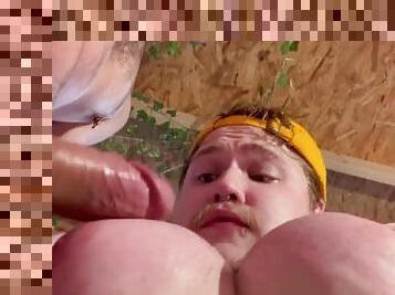 Big titty guy get tits sucked on by bros and slapped by big dicks