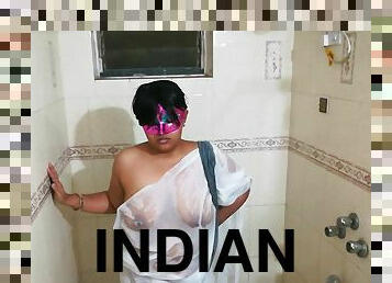 Indian Big Boobs Horny Lily In Bathroom Taking Shower In White Saree