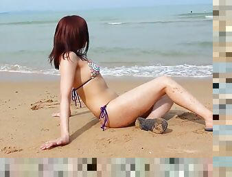 japansk, strand, bikini, små-bröst