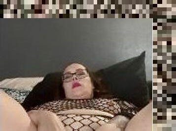 BBW stepmom MILF cums with toy in fishnets