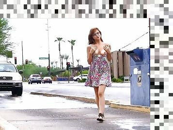 Redhead teen walks naked on the street