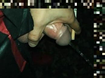 Behind a bar smoking uncut twink have to pull back foreskin if he want to pee