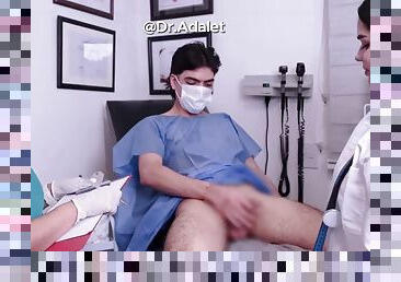 Arab female doctor, undressed man, examining the penis of a young patient
