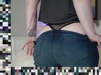 Pawg with enhanced booty in blue jeans strips & shows her ass hole before she twerks & claps her bare booty cheeks