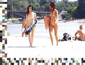 nudiste, public, amateur, ados, plage, belle, petite