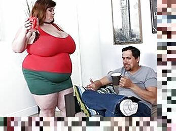 This huge big fat woman jerks his cock with her monstertits