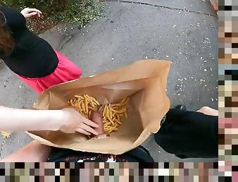 Double public handjob in the bag of chips... Im jerking it off!