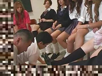 Pretty spicy Asian schoolgirls are sucking balls