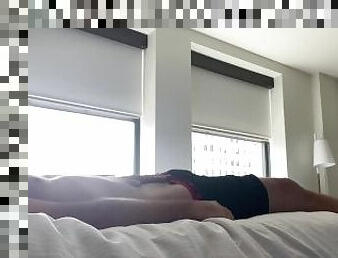 Hung jock jerks off on hotel bed