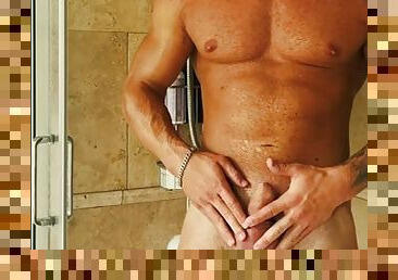 Big uncut dick jerking off in the shower