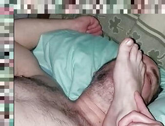 Wife lets her husband lick his cum off her feet and toes