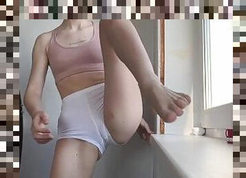 clito, chatte-pussy, amateur, butin, pieds, culotte, fétiche, orteil-de-chameau, géant, flexible