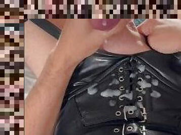 Cross dresser with a big cock, cumming, big load over my leather corset