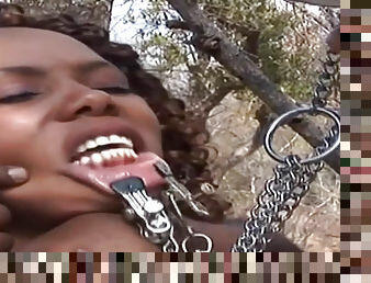 Super Hot Curly Black Babe Tied Up And Roughly Teased By Two Dominant Massive Dicks