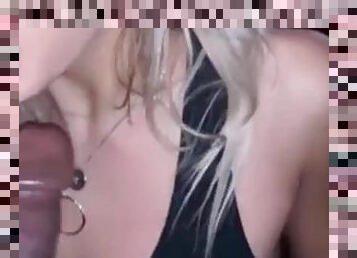 Pretty blonde gives an interracial blowjob