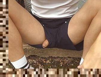 College boy fingering ass and jerking off outside