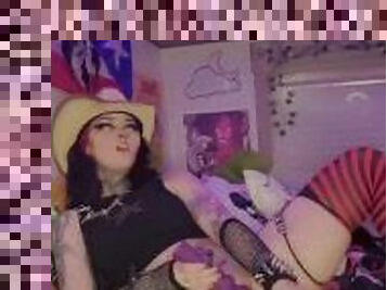 Horny goth cowgirl takes 10 inch dildo