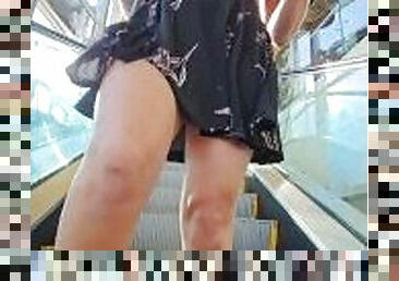 Petite Brunette Flashes Tits, Pussy & Asshole on a Public Escalator!