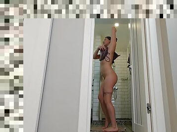 Watch my girlfriend strip nude and get in the bathroom for a freshening shower