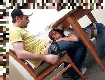 Sunny spark crawls under the library desk to suck his cock! - BANG
