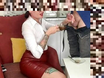 Femdom handjob. Slave cums into a cup of coffee and drinks his cum