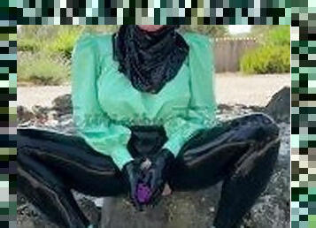 Latex hijab girl gets too horny