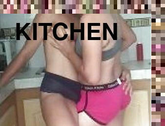 kissing with my friend in the kitchen she took off her shirt she kisses my breasts caresses them I g