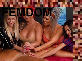 European CFNM femdom MILF and girls jerk off cock in group