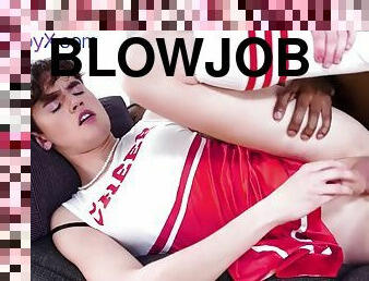 Femboi cheerleader trap gets spoiled with blowjob and interracial session