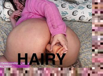 HAIRY ANAL! Big ass PAWG fucks hairy ass with dildo. Enjoy gaping hairy holes and doggy style. Perfect view of big booty